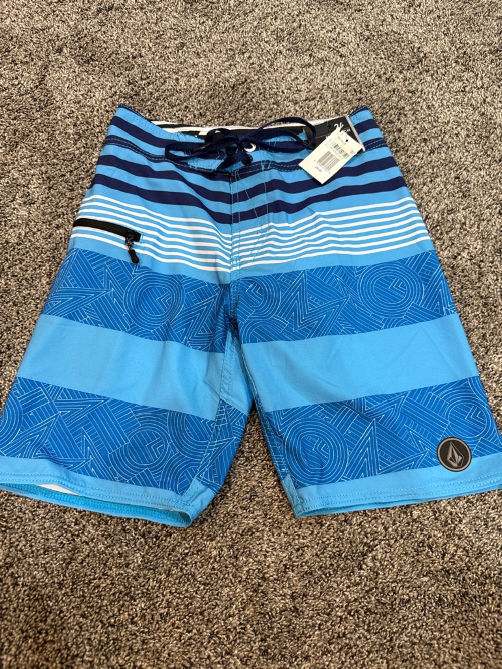 Boys Volcom Light and Dark Blue Striped Boardshorts swim trunks. NWT